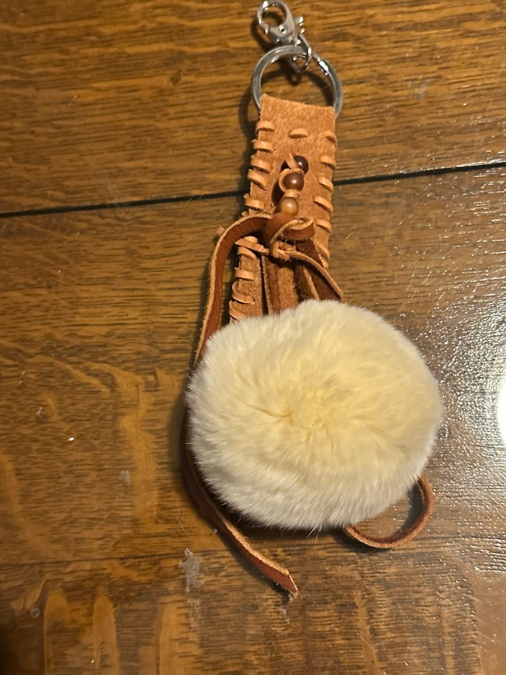 Hand Crafted Tan Leather Tassel Keychain with Cream Rex Rabbit Pom